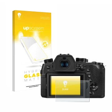 Vorderseite einer Produktverpackung mit dem Markenlogo upscreen. Daneben ist das Gerät Panasonic Lumix DC-FZ1000 II mit dem zu