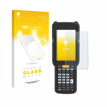 Vorderseite einer Produktverpackung mit dem Markenlogo upscreen. Daneben ist das Gerät Zebra MC330 mit dem zugehörigen Display