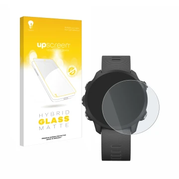 Vorderseite einer Produktverpackung mit dem Markenlogo upscreen. Daneben ist das Gerät Garmin Forerunner 245 Music mit dem zug