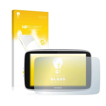 Vorderseite einer Produktverpackung mit dem Markenlogo upscreen. Daneben ist das Gerät TomTom GO Premium X mit dem zugehörigen