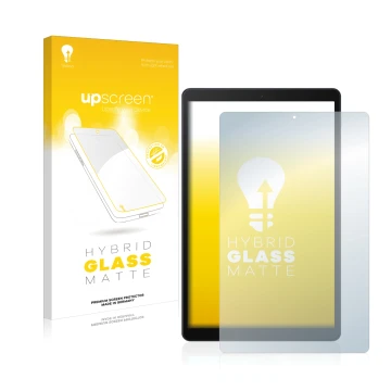 Vorderseite einer Produktverpackung mit dem Markenlogo upscreen. Daneben ist das Gerät Samsung Galaxy Tab A 10.1 2019 mit dem 