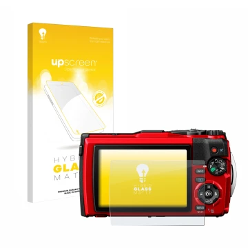 Vorderseite einer Produktverpackung mit dem Markenlogo upscreen. Daneben ist das Gerät Olympus Tough TG-6 mit dem zugehörigen 