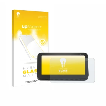 Vorderseite einer Produktverpackung mit dem Markenlogo upscreen. Daneben ist das Gerät Amazon Echo Show 5 (2. Gen.) mit dem zu