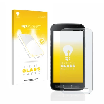 Vorderseite einer Produktverpackung mit dem Markenlogo upscreen. Daneben ist das Gerät Samsung Galaxy XCover 4s mit dem zugehö