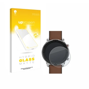 Vorderseite einer Produktverpackung mit dem Markenlogo upscreen. Daneben ist das Gerät Huami Amazfit GTR (47 mm) mit dem zugeh