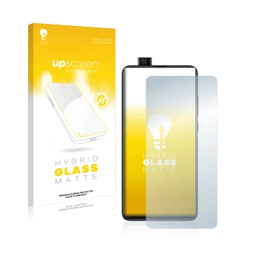 Vorderseite einer Produktverpackung mit dem Markenlogo upscreen. Daneben ist das Gerät Xiaomi Mi 9T mit dem zugehörigen Displa