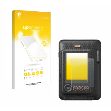 Vorderseite einer Produktverpackung mit dem Markenlogo upscreen. Daneben ist das Gerät Fujifilm Instax Mini LiPlay mit dem zug