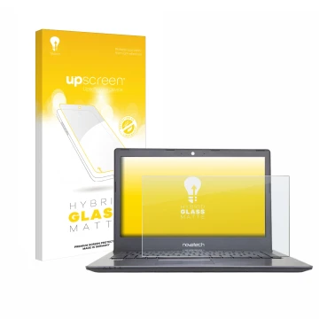 Vorderseite einer Produktverpackung mit dem Markenlogo upscreen. Daneben ist das Gerät Novatech npro N1654 mit dem zugehörigen