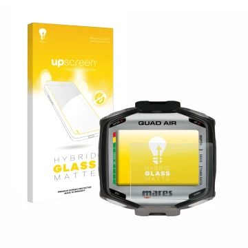 Vorderseite einer Produktverpackung mit dem Markenlogo upscreen. Daneben ist das Gerät Mares Quad Air mit dem zugehörigen Disp