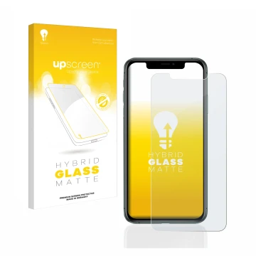 Vorderseite einer Produktverpackung mit dem Markenlogo upscreen. Daneben ist das Gerät Apple iPhone 11 Pro Max mit dem zugehör