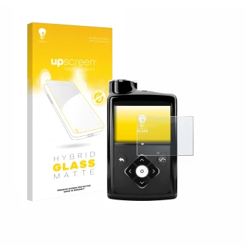 Vorderseite einer Produktverpackung mit dem Markenlogo upscreen. Daneben ist das Gerät Medtronic Minimed 670G mit dem zugehöri