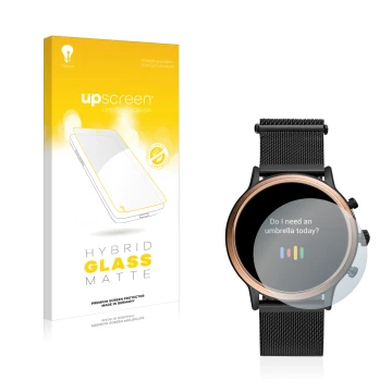 Vorderseite einer Produktverpackung mit dem Markenlogo upscreen. Daneben ist das Gerät Fossil Julianna HR (5.Gen) mit dem zuge