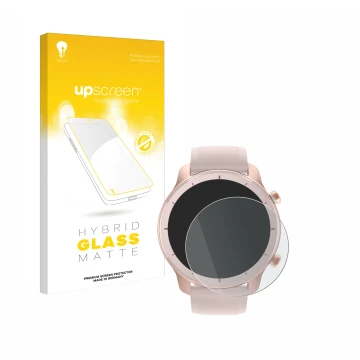 Vorderseite einer Produktverpackung mit dem Markenlogo upscreen. Daneben ist das Gerät Huami Amazfit GTR (42 mm) mit dem zugeh