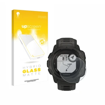 Vorderseite einer Produktverpackung mit dem Markenlogo upscreen. Daneben ist das Gerät Garmin Instinct Tactical Edition mit de