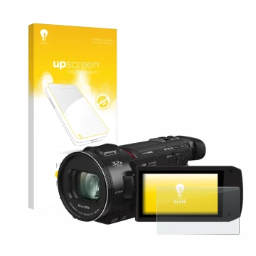 Vorderseite einer Produktverpackung mit dem Markenlogo upscreen. Daneben ist das Gerät Panasonic HC-VXF11 mit dem zugehörigen 