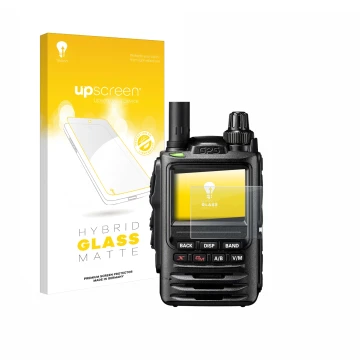 Vorderseite einer Produktverpackung mit dem Markenlogo upscreen. Daneben ist das Gerät Yaesu FT-3D mit dem zugehörigen Display