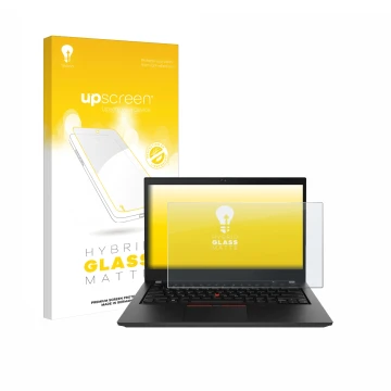 Vorderseite einer Produktverpackung mit dem Markenlogo upscreen. Daneben ist das Gerät Lenovo ThinkPad T490 Non-Touch mit dem 