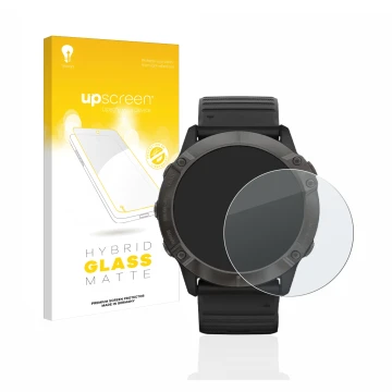 Vorderseite einer Produktverpackung mit dem Markenlogo upscreen. Daneben ist das Gerät Garmin Fenix 6X Pro mit dem zugehörigen