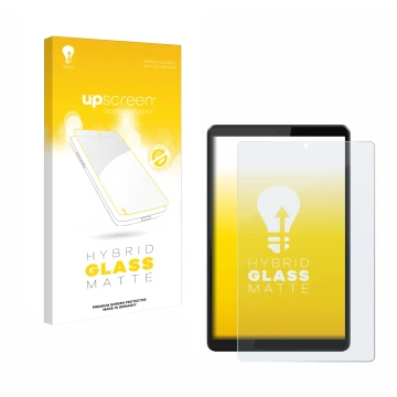 Vorderseite einer Produktverpackung mit dem Markenlogo upscreen. Daneben ist das Gerät Lenovo Tab M8 mit dem zugehörigen Displ