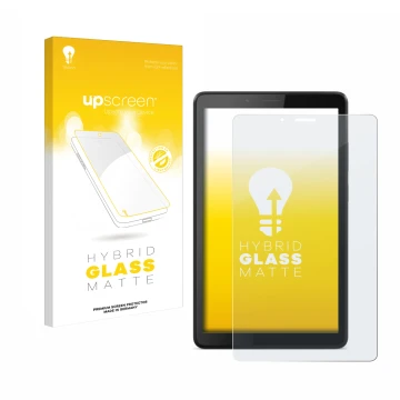 Vorderseite einer Produktverpackung mit dem Markenlogo upscreen. Daneben ist das Gerät Lenovo Tab M7 mit dem zugehörigen Displ