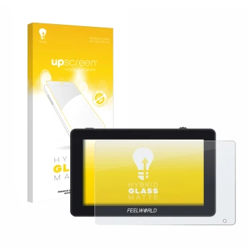 Vorderseite einer Produktverpackung mit dem Markenlogo upscreen. Daneben ist das Gerät Feelworld F6 Plus mit dem zugehörigen D