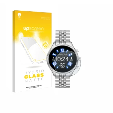 Vorderseite einer Produktverpackung mit dem Markenlogo upscreen. Daneben ist das Gerät Michael Kors Access Lexington 2 mit dem