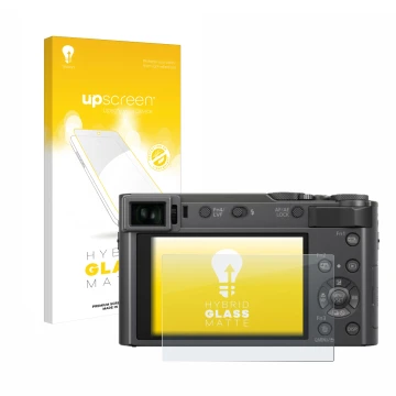 Vorderseite einer Produktverpackung mit dem Markenlogo upscreen. Daneben ist das Gerät Panasonic Lumix DC-TZ200 mit dem zugehö
