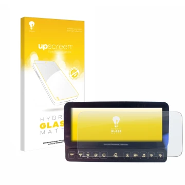Vorderseite einer Produktverpackung mit dem Markenlogo upscreen. Daneben ist das Gerät Mercedes-Benz Actros 2019 Touch-Display