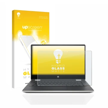 Vorderseite einer Produktverpackung mit dem Markenlogo upscreen. Daneben ist das Gerät HP Pavilion x360 (14-dhX) mit dem zugeh