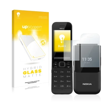 Vorderseite einer Produktverpackung mit dem Markenlogo upscreen. Daneben ist das Gerät Nokia 2720 Flip mit dem zugehörigen Dis