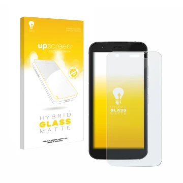 Vorderseite einer Produktverpackung mit dem Markenlogo upscreen. Daneben ist das Gerät Caterpillar Cat S52 mit dem zugehörigen