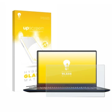 Vorderseite einer Produktverpackung mit dem Markenlogo upscreen. Daneben ist das Gerät MSI Prestige 14 mit dem zugehörigen Dis