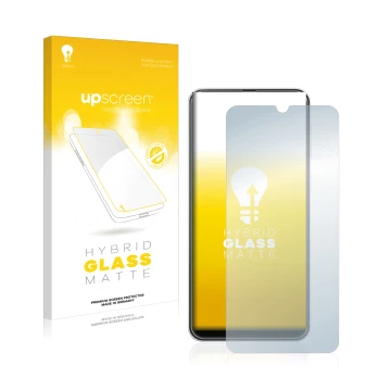 Vorderseite einer Produktverpackung mit dem Markenlogo upscreen. Daneben ist das Gerät Samsung Galaxy M30s mit dem zugehörigen