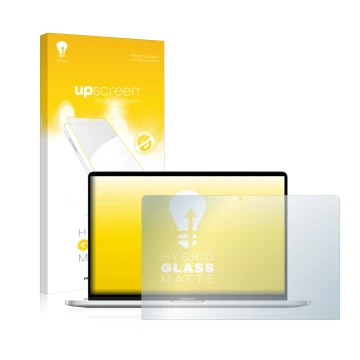 Vorderseite einer Produktverpackung mit dem Markenlogo upscreen. Daneben ist das Gerät Apple MacBook Pro 16