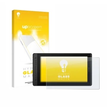 Vorderseite einer Produktverpackung mit dem Markenlogo upscreen. Daneben ist das Gerät Huion Kamvas Pro 16 Premium mit dem zug