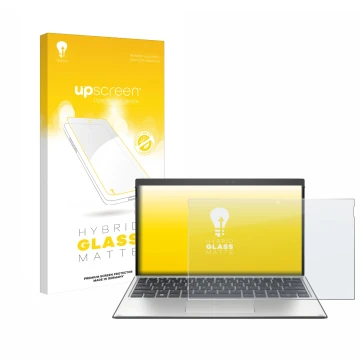 Vorderseite einer Produktverpackung mit dem Markenlogo upscreen. Daneben ist das Gerät HP Elite x2 G4 mit dem zugehörigen Disp