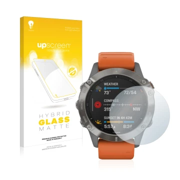 Vorderseite einer Produktverpackung mit dem Markenlogo upscreen. Daneben ist das Gerät Garmin Fenix 6 mit dem zugehörigen Disp