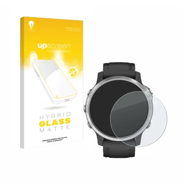 Vorderseite einer Produktverpackung mit dem Markenlogo upscreen. Daneben ist das Gerät Garmin Fenix 6S mit dem zugehörigen Dis