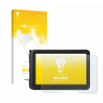 Vorderseite einer Produktverpackung mit dem Markenlogo upscreen. Daneben ist das Gerät Samsung Galaxy Tab Active Pro mit dem z