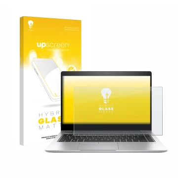 Vorderseite einer Produktverpackung mit dem Markenlogo upscreen. Daneben ist das Gerät HP EliteBook 840 G6 mit dem zugehörigen