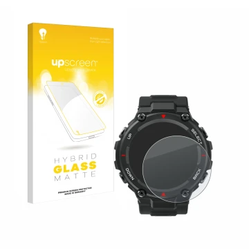 Vorderseite einer Produktverpackung mit dem Markenlogo upscreen. Daneben ist das Gerät Huami Amazfit T-Rex mit dem zugehörigen