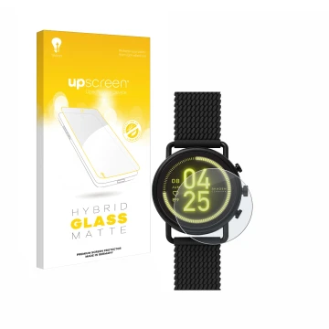 Vorderseite einer Produktverpackung mit dem Markenlogo upscreen. Daneben ist das Gerät Skagen Smartwatch Falster 3 mit dem zug