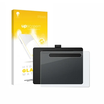 Vorderseite einer Produktverpackung mit dem Markenlogo upscreen. Daneben ist das Gerät Wacom Intuos M mit dem zugehörigen Disp