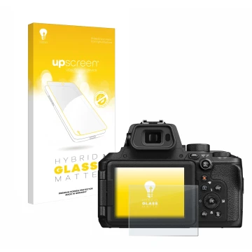 Vorderseite einer Produktverpackung mit dem Markenlogo upscreen. Daneben ist das Gerät Nikon Coolpix P950 mit dem zugehörigen 