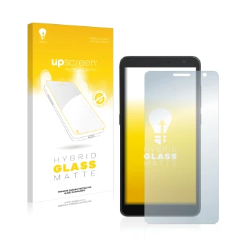 Vorderseite einer Produktverpackung mit dem Markenlogo upscreen. Daneben ist das Gerät Alcatel 1B 2020 mit dem zugehörigen Dis