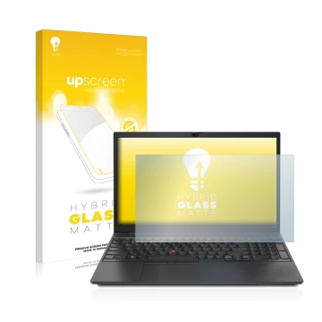 Vorderseite einer Produktverpackung mit dem Markenlogo upscreen. Daneben ist das Gerät Lenovo ThinkPad E15 mit dem zugehörigen