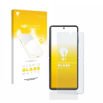 Vorderseite einer Produktverpackung mit dem Markenlogo upscreen. Daneben ist das Gerät Samsung Galaxy Z Flip mit dem zugehörig