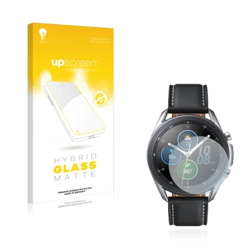 Vorderseite einer Produktverpackung mit dem Markenlogo upscreen. Daneben ist das Gerät Samsung Galaxy Watch 3 (41mm) mit dem z