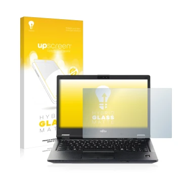 Vorderseite einer Produktverpackung mit dem Markenlogo upscreen. Daneben ist das Gerät Fujitsu Lifebook E557 mit dem zugehörig