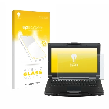 Vorderseite einer Produktverpackung mit dem Markenlogo upscreen. Daneben ist das Gerät Panasonic Toughbook FZ-55 Touch mit dem